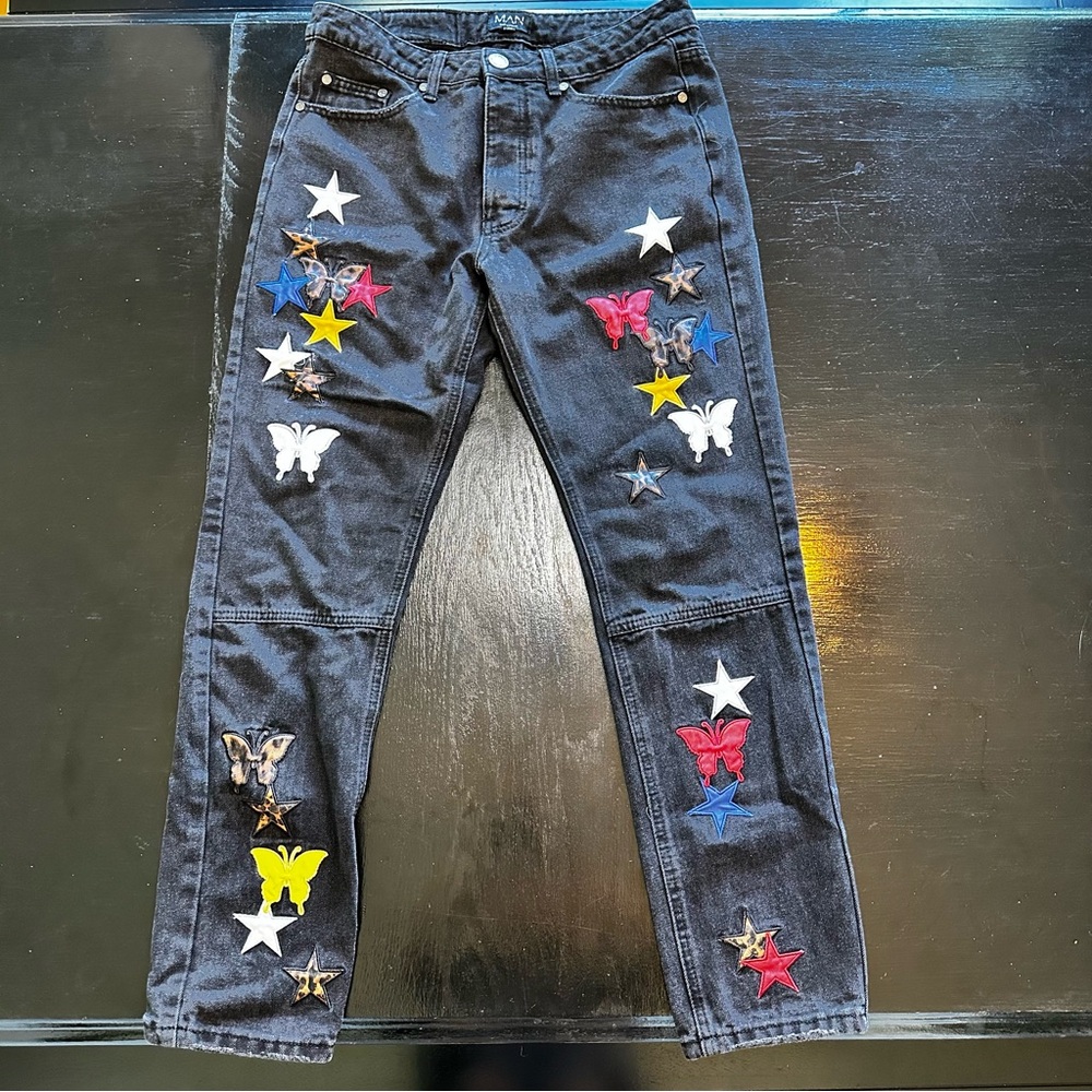 MAN Size 30 Regular Slim Fit Skinny Black Stars Embroider Butterfly Denim Jeans